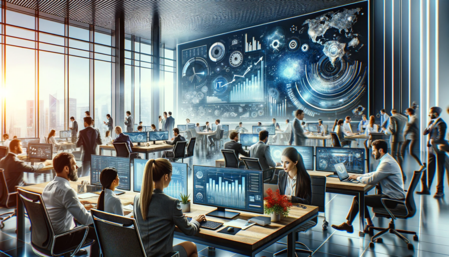 A modern office with diverse professionals working on computers, a digital display with IT-related graphs in the foreground, symbolizing managed IT solutions.