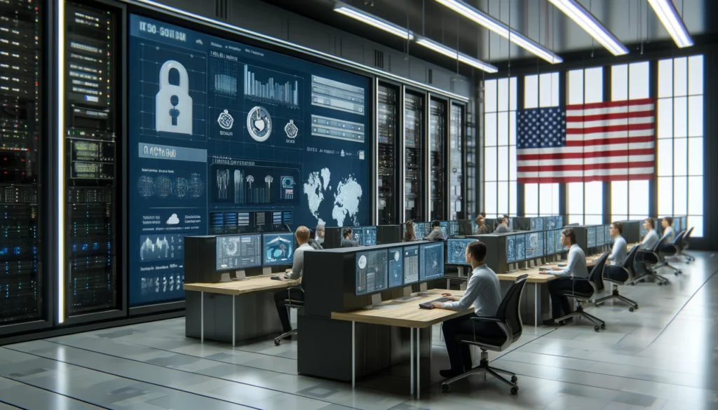 Modern office with advanced IT infrastructure, featuring computer workstations, servers, networking equipment, and IT professionals managing systems. An American flag subtly displayed in the background.